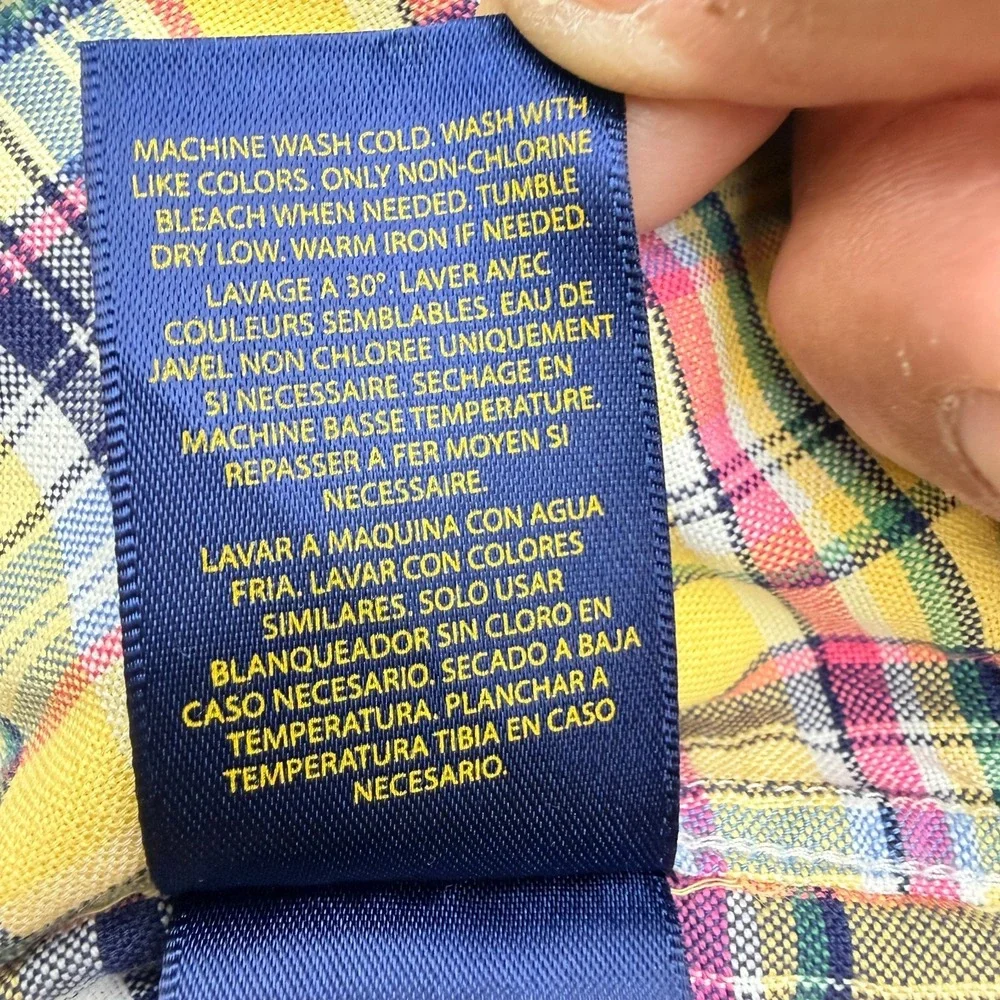 Ralph Lauren Boys Shirt Size 10 Yellow Multicolor Plaid Flesh Pony Long Sleeve